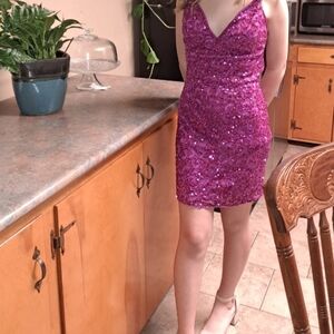 Primavera Couture Purple Sequin Short  Formal Dress